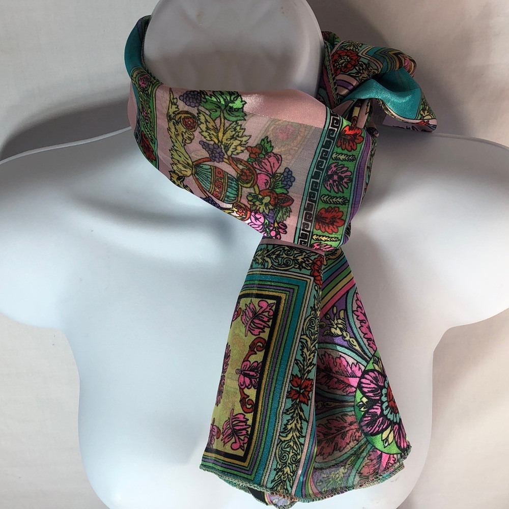 Vibrant Floral & Medallion Printed Silky Panel Scarf  (60” x  13”)
